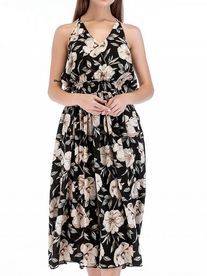 Choies Gray V-neck Floral Print Open Back Midi Dress