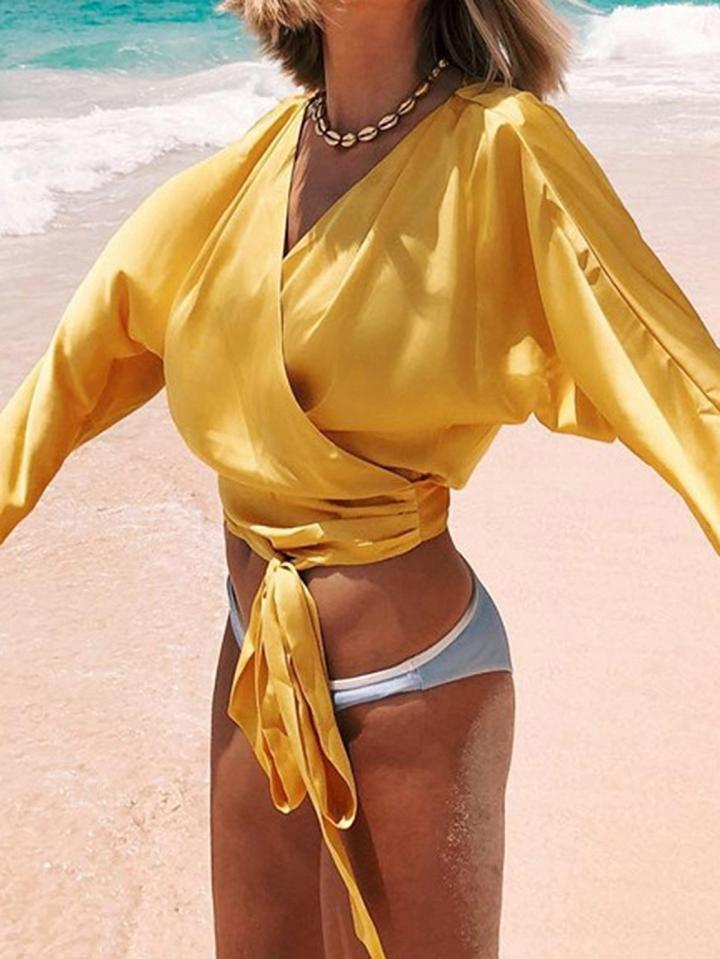Choies Yellow Satin Look V-neck Tie Waist Long Sleeve Chic Women Crop Blouse
