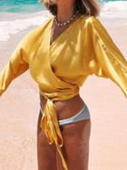 Choies Yellow Satin Look V-neck Tie Waist Long Sleeve Chic Women Crop Blouse