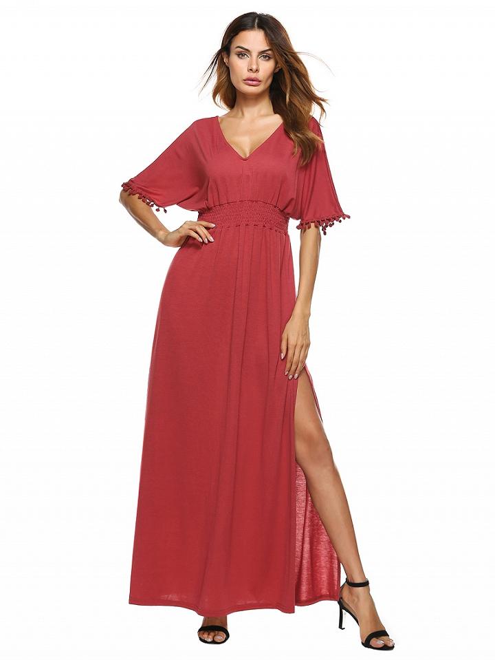 Choies Red V Neck Cut Out Back Pom Pom Detail Side Split Maxi Dress