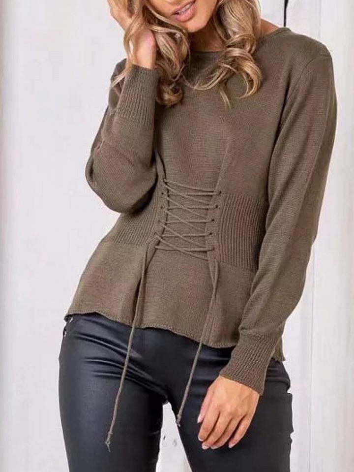 Choies Coffee Lace Up Detail Long Sleeve Knit Jumper