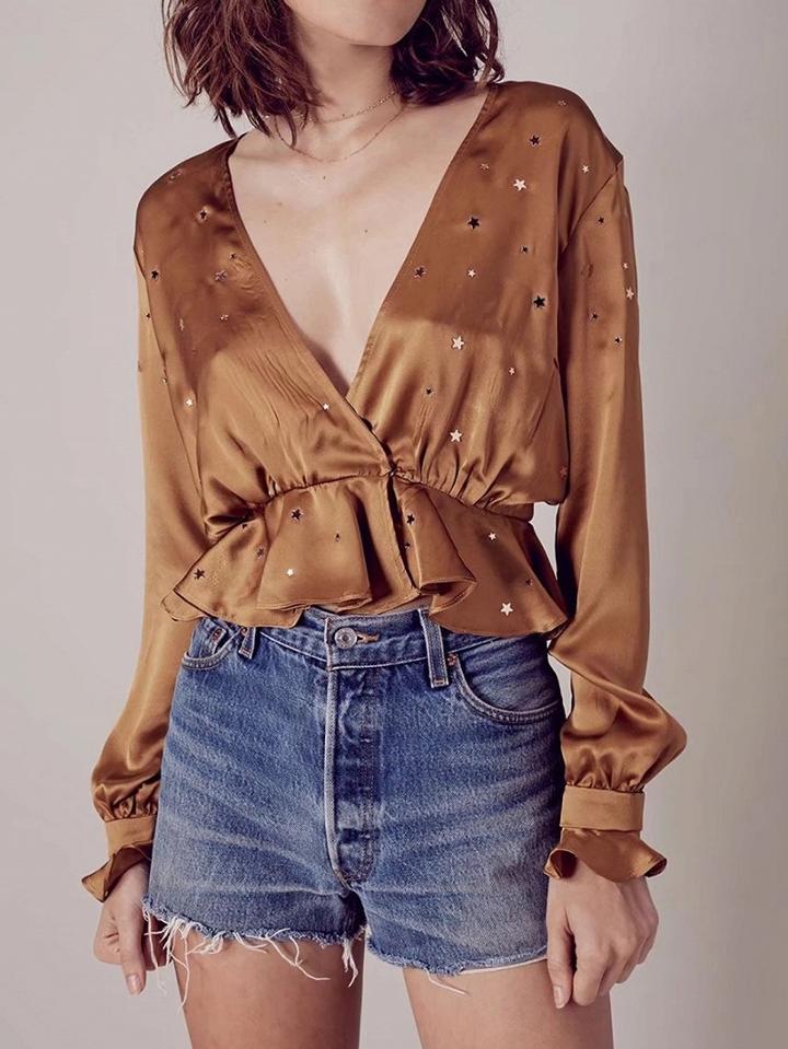 Choies Yellow Plunge Star Sequin Detail Frill Trim Long Sleeve Blouse