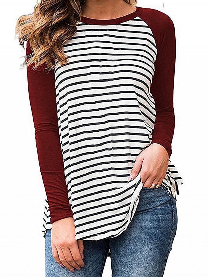Choies Burgundy Contrast Stripe Long Sleeve T-shirt