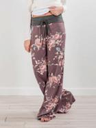Choies Purple Floral Print Drawstring Waist Wide Leg Pants