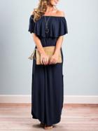 Choies Dark Blue Off Shoulder Thigh Split Detail Maxi Dress
