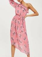 Choies Pink Chiffon One Shoulder Floral Print Tie Waist Chic Women Midi Dress