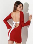 Choies Red Tie Back Backless Long Sleeve Ribbed Bodycon Mini Dress