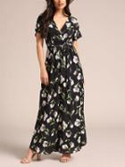 Choies Dark Blue V-neck Floral Print Tie Waist Maxi Dress