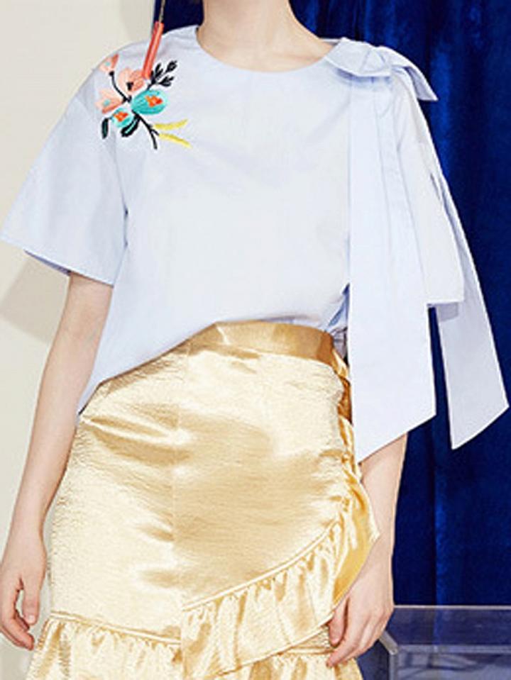 Choies Blue Embroidery Butterfly Bow Tie Shoulder Split Sleeve Top