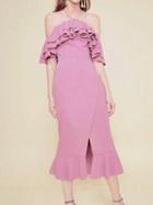 Choies Pink Halter Ruffle Trim Fishtail Hem Chic Women Midi Dress
