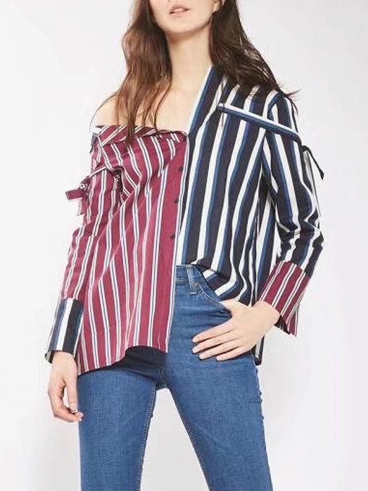 Choies Polychrome Contrast Stripe One Shoulder Asymmetric Hem Shirt