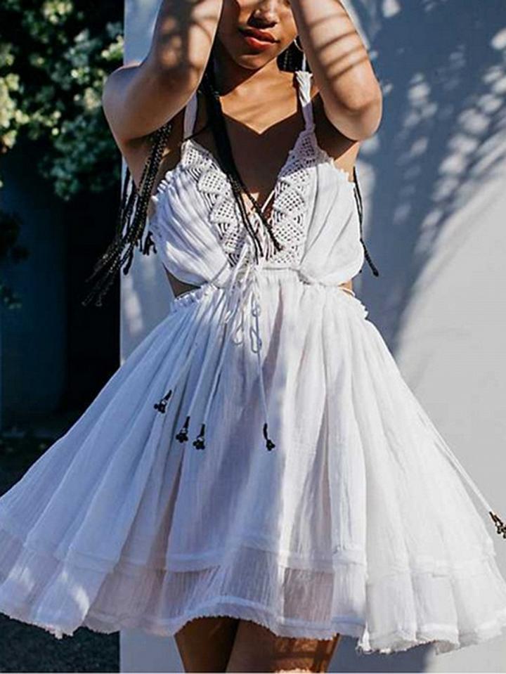 Choies White V-neck Tie Detail Open Back Chic Women Cami Mini Dress