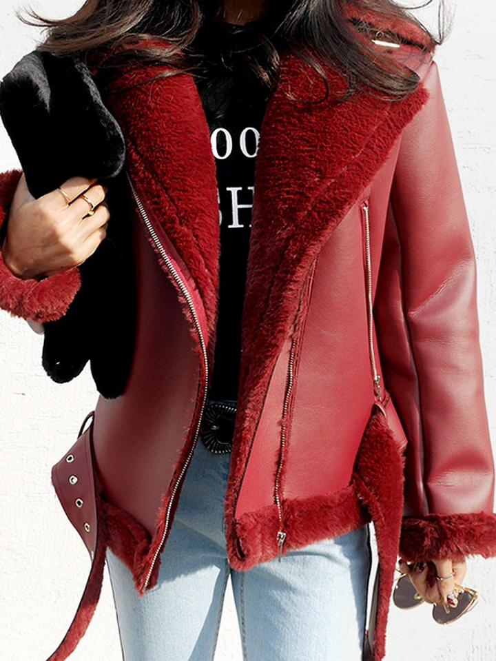 Choies Red Faux Shearling Biker Jacket