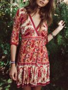 Choies Polychrome Plunge Folk Pattern Half Sleeve Mini Dress