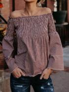 Choies Pink Plaid Stretch Off Shoulder Flare Sleeve Blouse