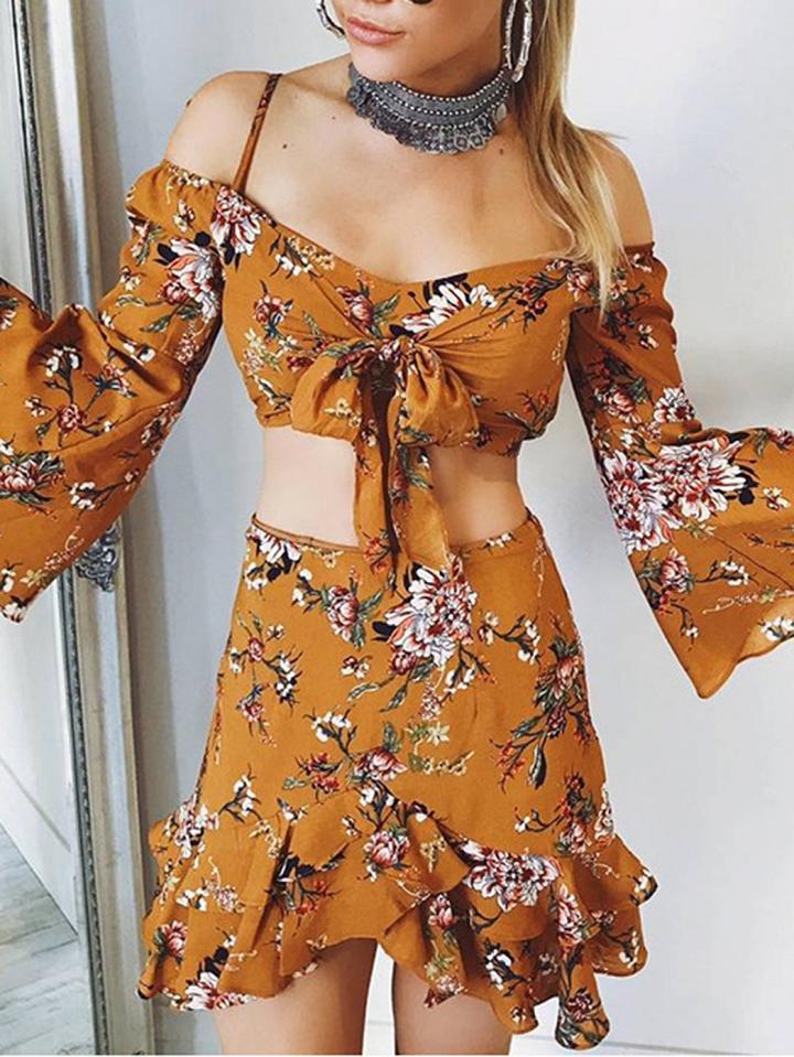 Choies Yellow Floral Print Flare Sleeve Crop Top And Mini Skirt