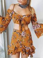 Choies Yellow Floral Print Flare Sleeve Crop Top And Mini Skirt