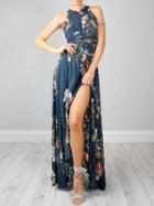 Choies Navy Blue Halter Floral Print Tied Strappy Back Split Maxi Dress