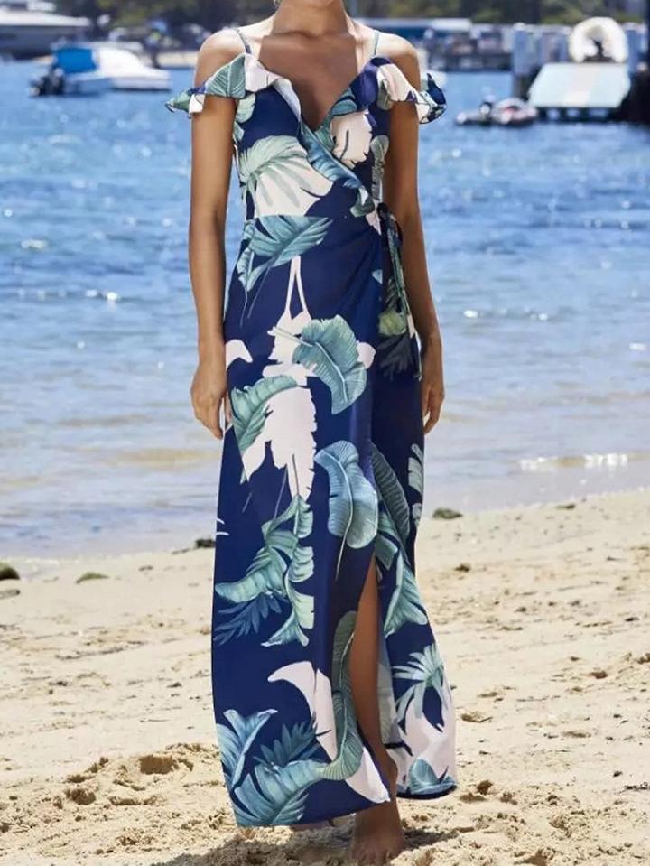 Choies Polychrome V-neck Cold Shoulder Ruffle Side Split Maxi Dress