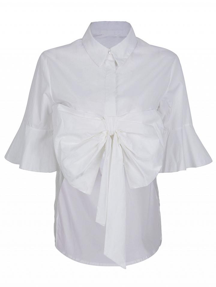 Choies White Bowknot Front Belle Sleeve Dipped Back Shirt