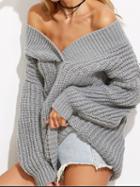 Choies Gray Cold Shoulder V-neck Long Sleeve Chic Women Knit Sweater