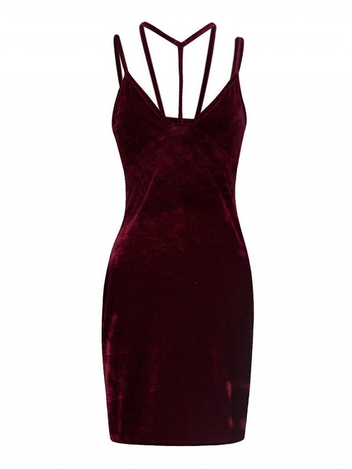 Choies Burgundy V-neck Strap Detail Velvet Bodycon Mini Dress