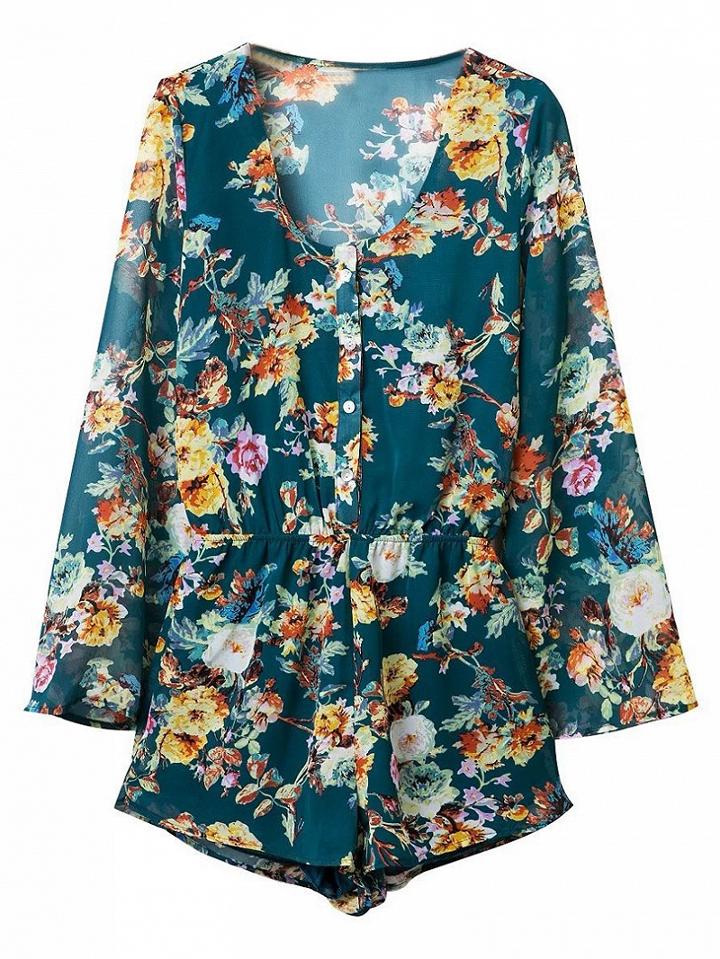 Choies Multicolor Wrap V-neck Floral Sheer Long Sleeve Romper Playsuit