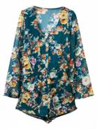 Choies Multicolor Wrap V-neck Floral Sheer Long Sleeve Romper Playsuit