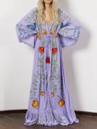 Choies Purple Plunge Embroidery Detail Flare Sleeve Maxi Dress