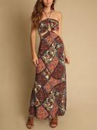 Choies Brown Chiffon Halter Floral Print Vintage Women Maxi Dress