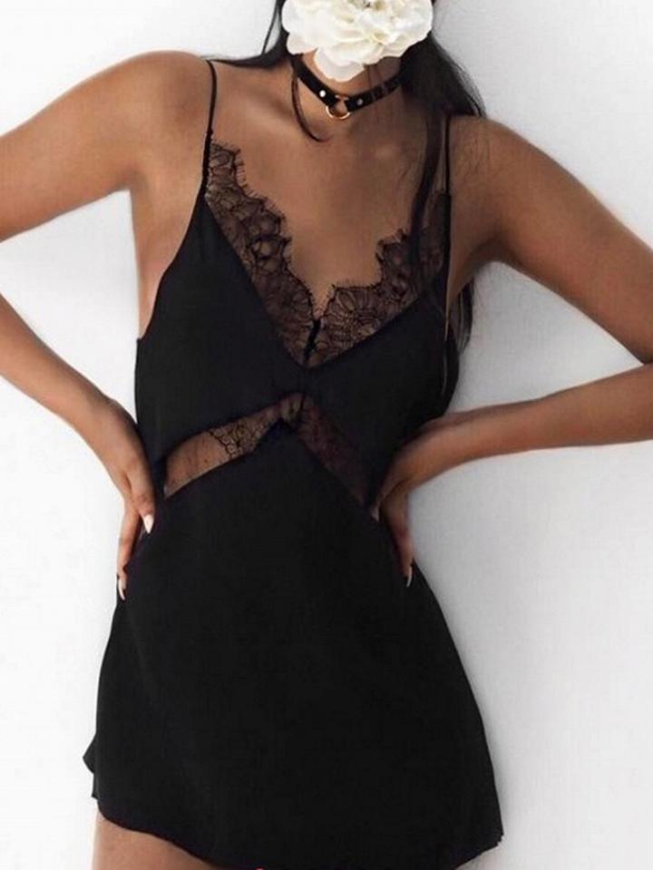Choies Black Satin Look Plunge Cut Out Lace Panel Chic Women Cami Dress