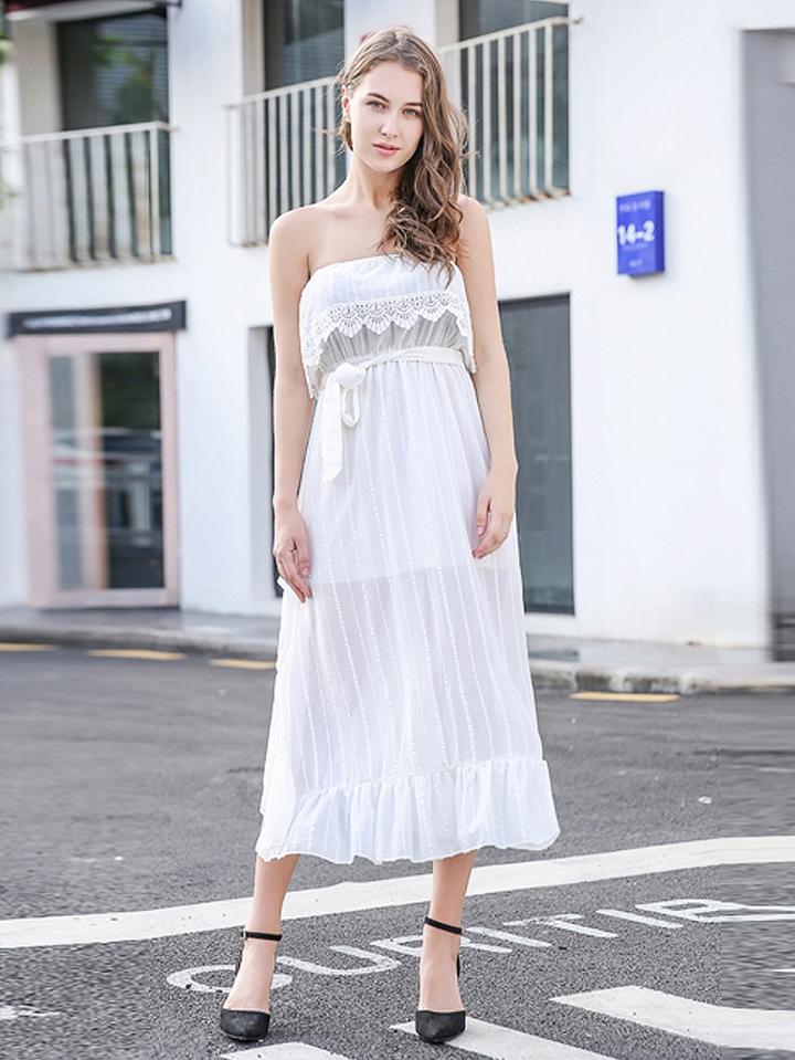 Choies White Bandeau Layer Ruffle Trim Tie Waist Midi Dress
