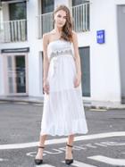 Choies White Bandeau Layer Ruffle Trim Tie Waist Midi Dress