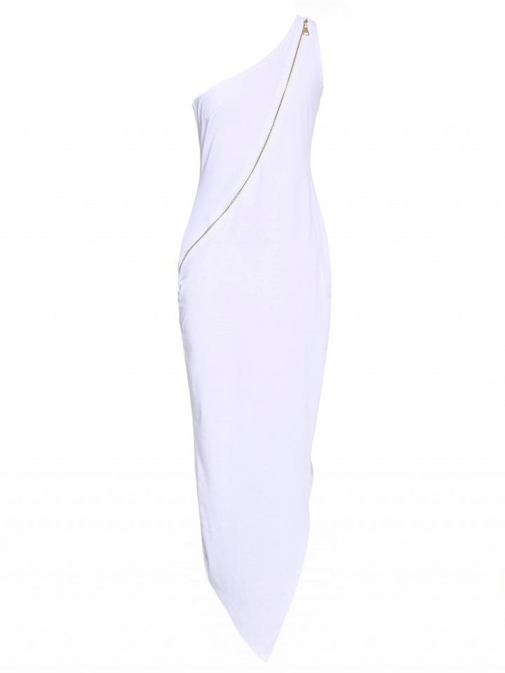 Choies White One Shoulder Zip Detail Asymmetric Bodycon Dress