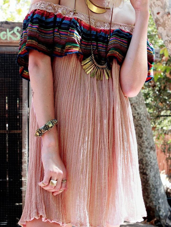 Choies Pink Cotton Off Shoulder Stripe Panel Chic Women Mini Dress