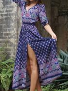 Choies Dark Blue Boho Floral Print Button Front Maxi Dress