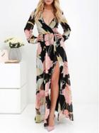 Choies Black Plunge Floral Print Long Sleeve Maxi Dress