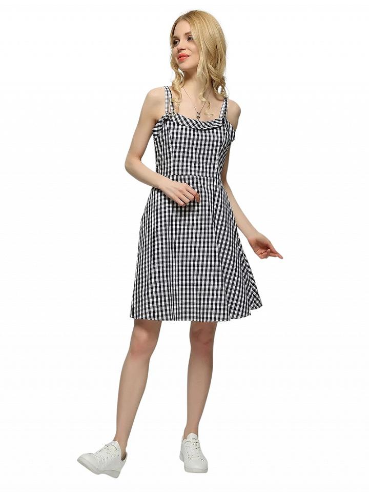 Choies Black Plaid High Waist Ruffle Trim Spaghetti Strap Dress