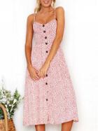 Choies Pink Spaghetti Strap Floral Print Button Placket Midi Dress