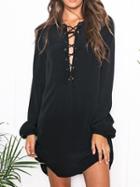 Choies Black Plunge Tie Front Lattice Long Sleeve Shift Dress