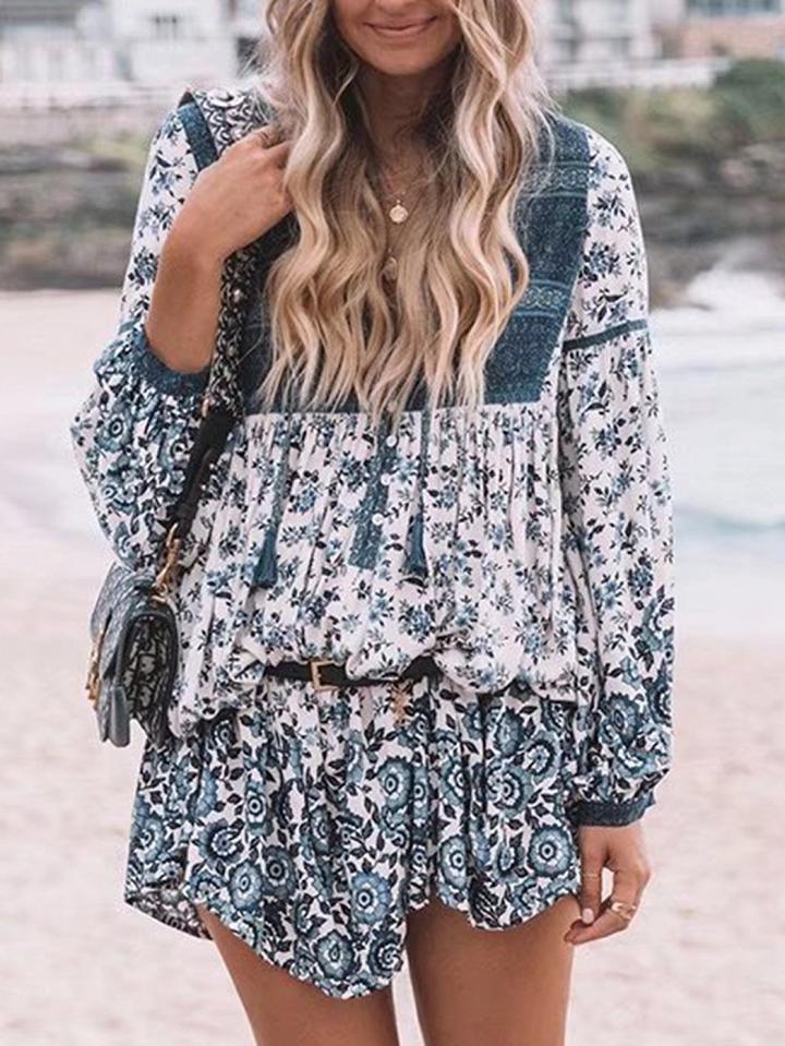 Choies Blue Plunge Floral Print Tie Front Long Sleeve Mini Dress