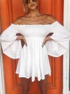 Choies White Chiffon Off Shoulder Ruched Flare Sleeve Chic Women Mini Dress