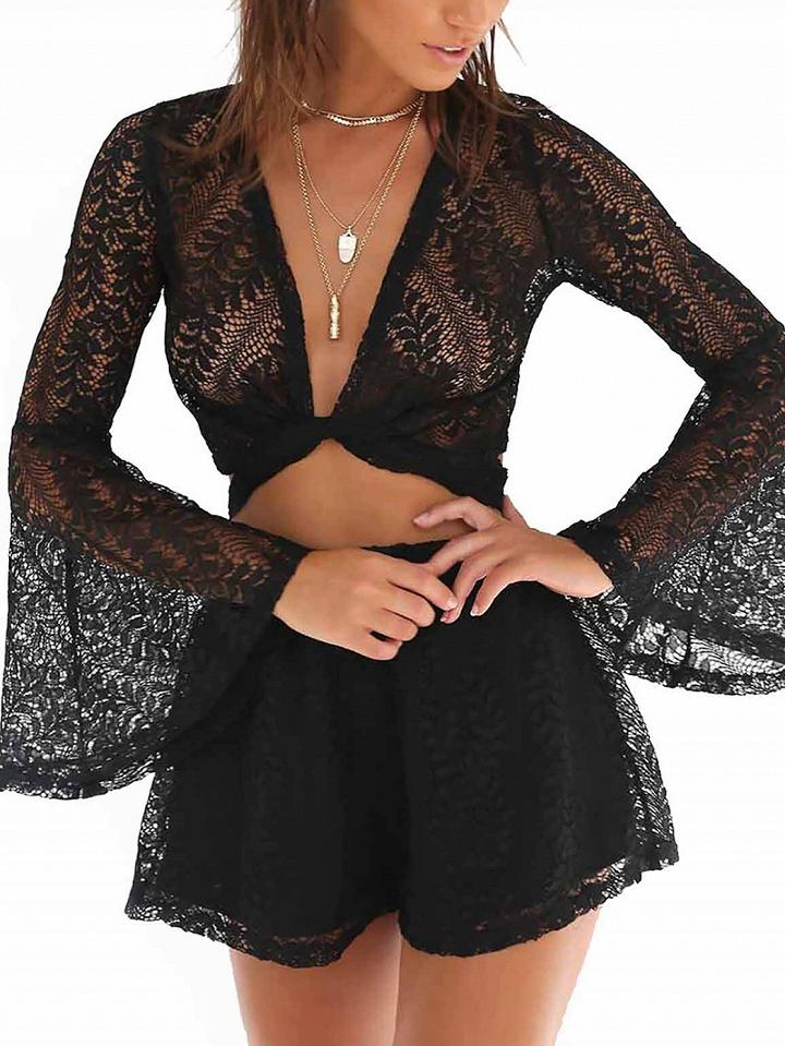 Choies Black Plunge V-neck Flared Sleeve Sheer Lace Crop Top