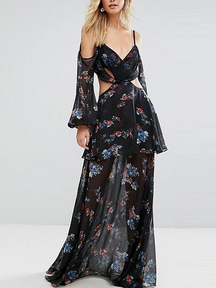 Choies Black Cold Shoulder Floral Print Cut Out Layer Cami Maxi Dress