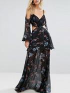 Choies Black Cold Shoulder Floral Print Cut Out Layer Cami Maxi Dress