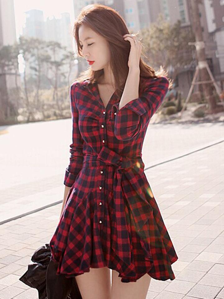 Choies Red Plaid Long Sleeve Shirt Dress With Bowknot Belt