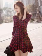 Choies Red Plaid Long Sleeve Shirt Dress With Bowknot Belt