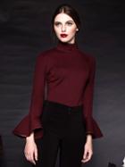Choies Burgundy High Neck Ruffle Pu Trim Sleeve Blouse