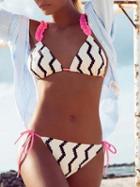 Choies White Nylon Chevron Print Frill Trim Chic Women Bikini Top And Bottom