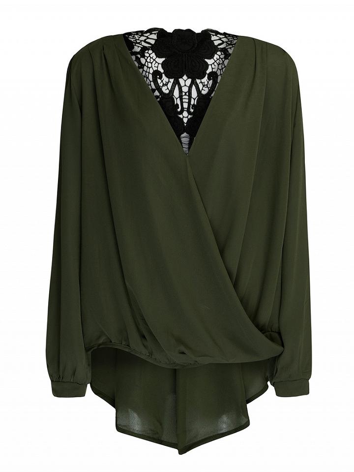 Choies Green V Neck Crochet Lace Back Long Sleeve Chiffon Blouse